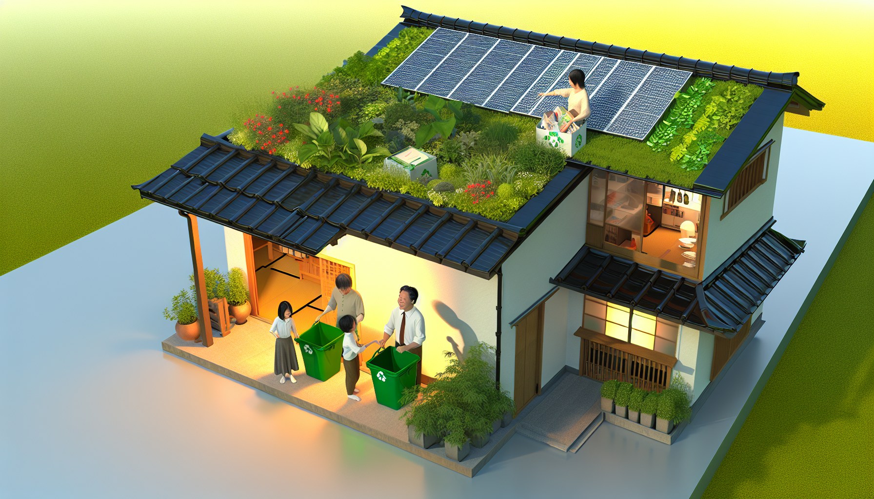 太陽光パネルと屋上ガーデンを備えた住宅を俯瞰する朝日の風景