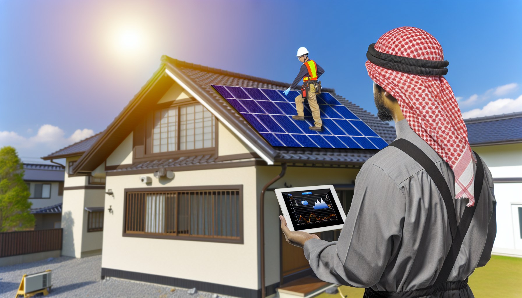 屋根に太陽光パネルを設置する技術者と図面で説明を受ける家主