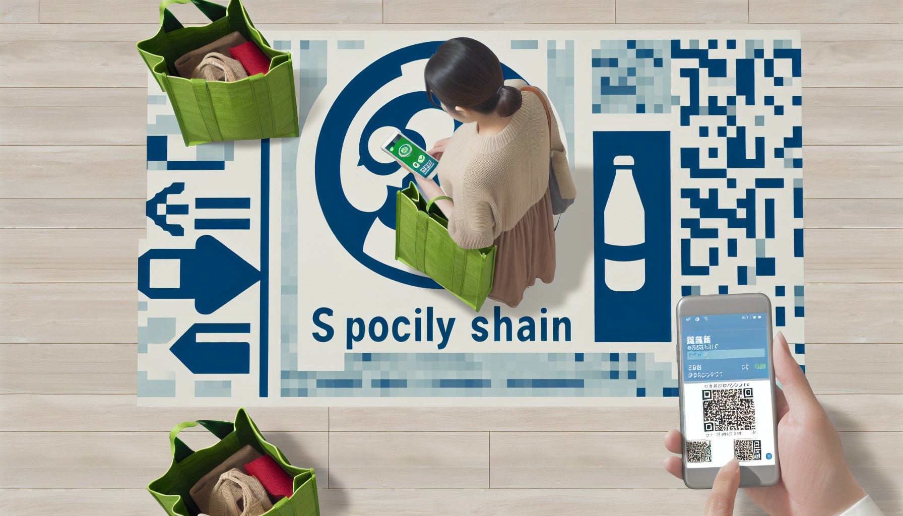 サステナブルショップで認証ラベル付き商品の情報を確認する買い物客